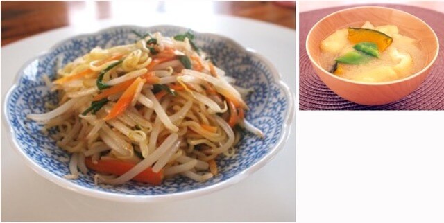 野菜たっぷり塩焼きそば&かぼちゃとあげのお味噌汁,献立,