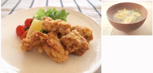 鶏のから揚げ&キャベツと卵のスープ,夕飯,献立,