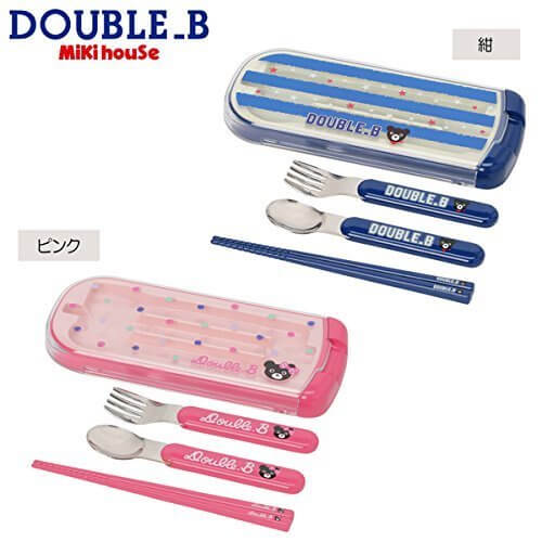 mikihouse Double_B(ミキハウスダブルB)ボーダー&ドット柄 トリオセット(おはし・フォーク・スプーンのセット) ---,ピンク,保育園,入園準備,