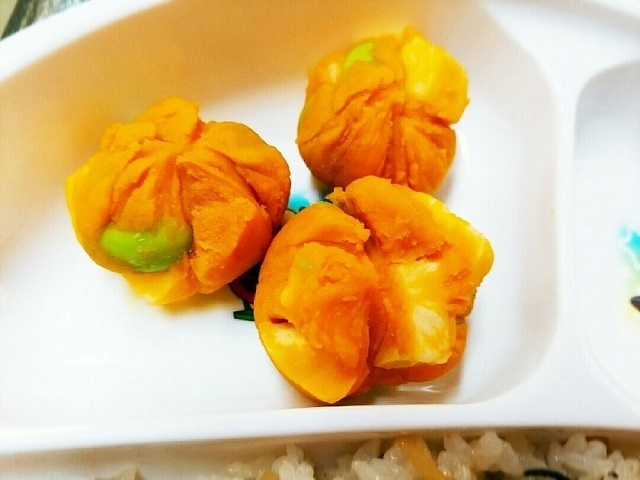離乳食完了期~☆ゴロゴロかぼちゃ茶巾,離乳食,枝豆,