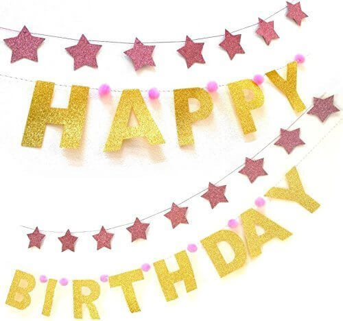 H.R.FRANCE バースデーガーランド (グリッター) 2種セット(HAPPYBIRTHDAY & 星18個) (ピンク, HAPPY BIRTHDAYと星のセット),1歳,誕生日,ケーキ