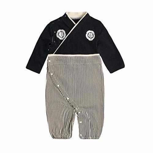 HROUEN 袴 ロンパース 女の子 男の子 袴 カバーオール 晴れ着 和装 和服 着物 ひなまつり こいのぼり セレモニードレス 長袖 前開き ツーウェイ 新生児袴 2WAYオール ブラック 90cm,ベビーウェア,男の子,