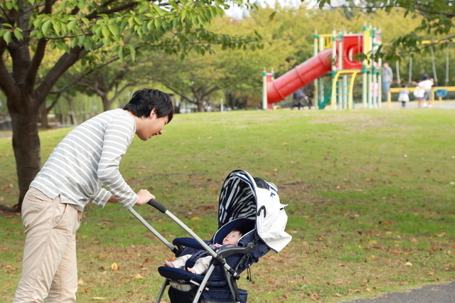 公園でお散歩をする父と赤ちゃん,おでかけ,月齢別,赤ちゃん