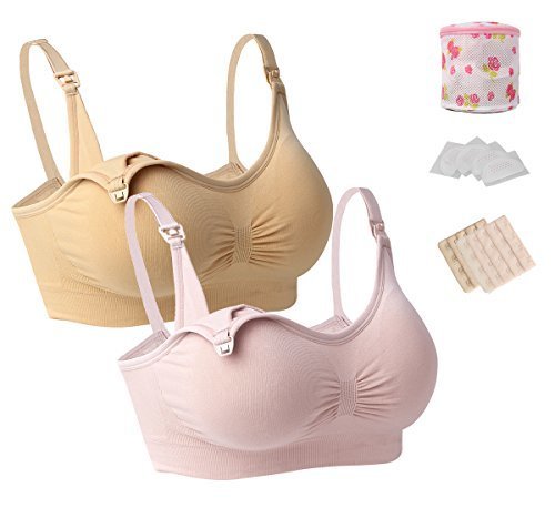 iLoveSIA (アイラブシア) マタニティ ブラジャー 前開き ノンワイヤー 授乳ブラ 2枚セット福袋 ピンク+ベージュ LL,マタニティーブラジャー,