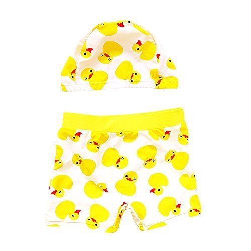 Tortor 1bacha(JP) 1-10歳水着 キッズ 男の子 ベビー水着 子供水着 セパレート アヒル柄 夏もの 可愛い ショートパンツ+帽子付 キッズ プール 海水浴 水泳 スイミングウェア ウェストゴム 黄色い (S),男の子,水着,