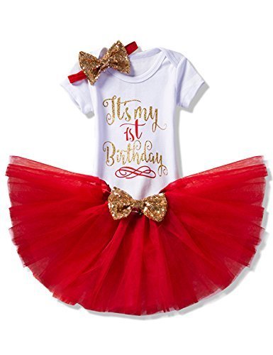 NNJXD 女の子・新生児・「It's My 1st Birthday」(これは私の1歳の誕生日) 3 枚/4 枚・服装・ロンパース+スカート+ヘッドバンド(+レギンス)サイズ(1) 1歳 レッド,1歳誕生日,