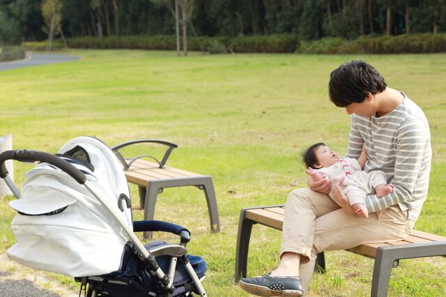 赤ちゃんとおでかけするパパ,新生児 ,外出 ,時期