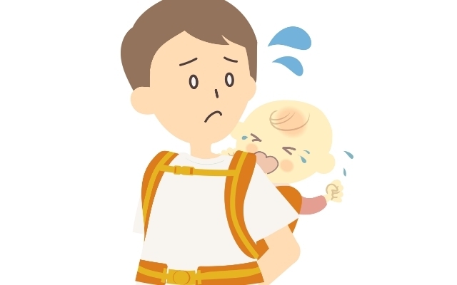 泣く赤ちゃんと困るパパ,抱っこひも,