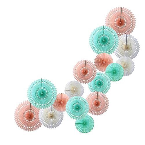 ペーパーファン ペーパーフラワー フラワーポンポン 16個セット パーティー 結婚式 誕生日 飾り付け 紙花 ミックスカラー (ピンク+ブルー+ベージュ),手作り ,ガーランド,