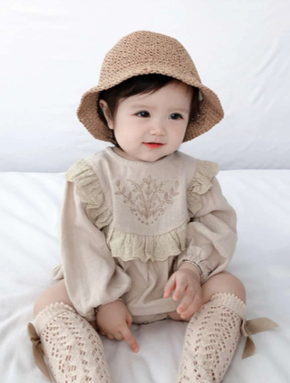 ベビー 植物 刺繍 ランタンスリーブ フリルトリム ボディスーツ,ベビー服,海外ブランド,
