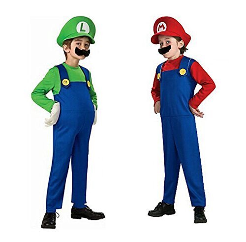 ROZZERMAN マリオ ルイージ M L XL 赤 緑 ポリエステル セット 子供用 コスチューム パーティー イベント g16 (L, レッド),ハロウィン,仮装,男の子