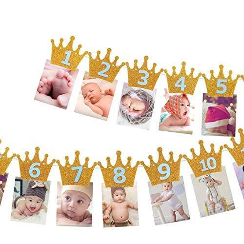 Kingsie ガーランド 誕生日 バナー クラウン キラキラ 写真クリップ 1歳 12月 誕生日飾り 壁飾り パーテイ飾り (ゴールド&ブルー),1歳,誕生日,飾り付け