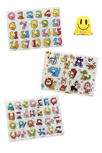 B.H. Select 型あわせ パズル 3枚セット 数字 アルファベット 野菜 くだもの 動物 のりもの パズル かたはめ 木のおもちゃ かわいい スマイル おかたづけ袋 セット 知育玩具 図形認識力 を育む JOY@Shape Puzzle (Bセット(数字・アルファベット) BH104-2,1歳,おもちゃ,
