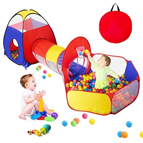キッズテント ボールハウス ボールプール トンネル付き 子供テント アウトドア テントハウス 3点セット ワンタッチ 折り畳み式 折りたたみプール 秘密基地 おしゃれ おもちゃ お誕生日/出産/クリスマス プレゼント 収納バッグ付き 玩具収納 室外遊具 おままごと(カラフル),室内,遊具,