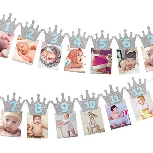 Kingsie ガーランド 誕生日 バナー クラウン キラキラ 写真クリップ 1歳 12月 誕生日飾り 壁飾り パーテイ飾り (シルバー&ブルー),1歳誕生日,写真,