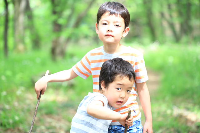 枝を持って遊ぶ男の子達,ごっこ,遊び,