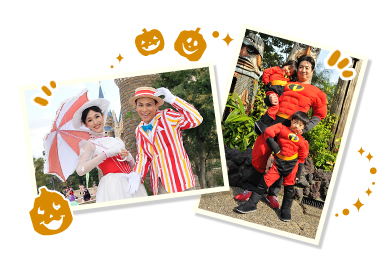 東京ディズニーランドのハロウィンイベントで記念撮影をする家族の画像