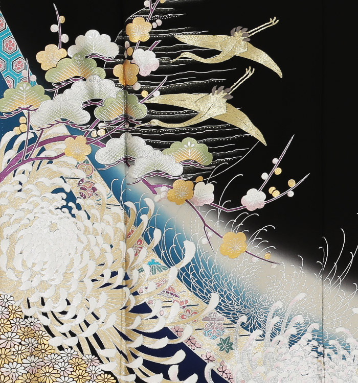 ［3436］黒留袖 美品 舞鶴渡橋花松 比翼付 五つ紋 梶之葉 正絹 着物 袷 2902］黒留袖 舞鶴風景花 作家物 比翼付 五つ紋 梅鉢 正絹 着物 袷