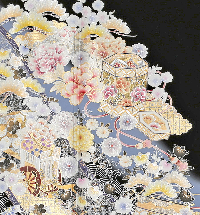 小紋　フルセット　着物　正絹　紺　果物　みかん　りんご　トールサイズ　O1 桂由美 色留袖レンタル 五つ紋 結婚式 豪華 人気 着物レンタル