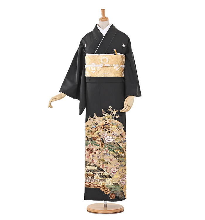 ◆新品◆正絹 黒留袖 比翼付 五つ紋 アンティーク着物 KIMONOBLACK きものcocon☆黒留袖☆身丈159/裄66/正絹/黒系/五つ紋/金駒