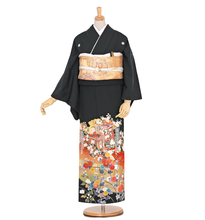 NO464トールサイズ 正絹黒留袖 身幅ゆったり裄丈70cm 正絹長襦袢他 黒留袖