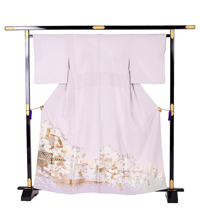 SALE☆扇と吉祥 留袖リメイクフレアドレス 留袖 レンタル 5373 桂由美 ﾊﾟｽﾃﾙｸﾞﾘｰﾝぼかし 扇に桜 | 着物レンタルの