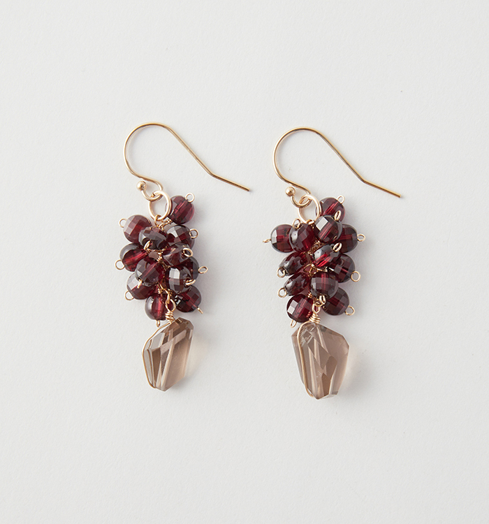 スモーキークォーツタンブル×コインガーネットふさふさピアス№5T-914