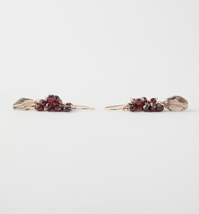 スモーキークォーツタンブル×コインガーネットふさふさピアス№5T-914