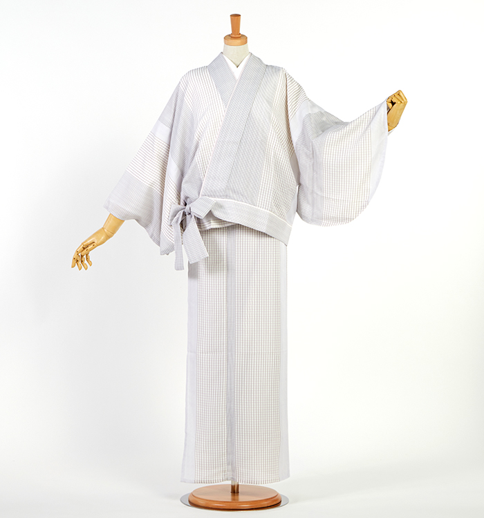盛夏用　薄物　洗える着物　二部式着物　［麻の葉模様］ シルック 洗える着物 東レシルック 夏着物 絽 縞地に麻の葉柄