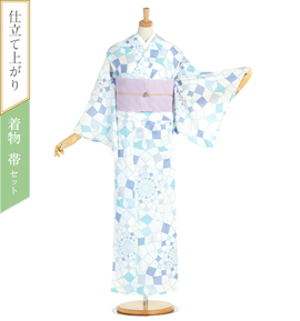 セット】WA・KKA 夏小紋 すぐに着られる洗える着物 半巾帯・帯締め付き