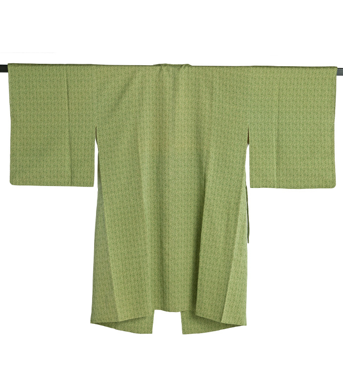 8424円から値引き中 着物 名品 道中着 茶緑色 幾何学 縮緬 正絹 103cm Mサイズ 中古 道中着 コート リサイクル 着物 正絹 袷 一刀彫 こげ茶 地紋 霞文様 セミフォーマル カジュアル 春 秋 冬 仕立て上がり  身丈110.5 裄丈70 Ｌサイズ ハオリモノ みやがわ sb12955 | リサイクル着物 みやがわ 中古着物