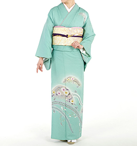 5k2608 着物　正絹　袷　付下げ訪問着　黄色　緑　白　花柄　和装 5k2608 着物 正絹 袷 付下げ訪問着 黄色 緑 白 花柄 和装 訪問着