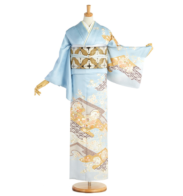 専用です　　高級品　　新品＊新作ブルーの着物にゴールドの作り帯 訪問着 No.AA-2770-Lサイズのレンタル｜きもの365
