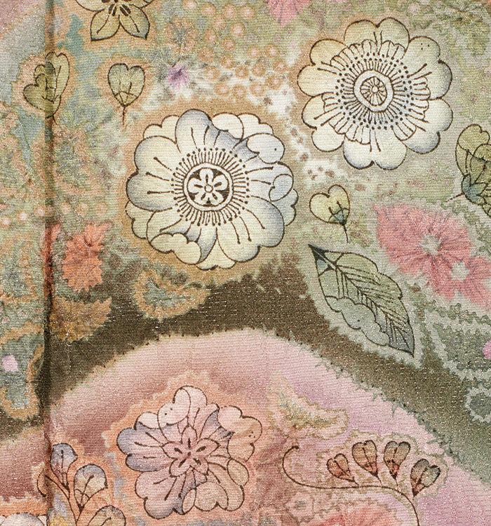 作家　縮緬　辻が花　帯　１枚 名古屋帯 美品 逸品 大脇一心 落款あり 辻が花 縮緬 ベージュ