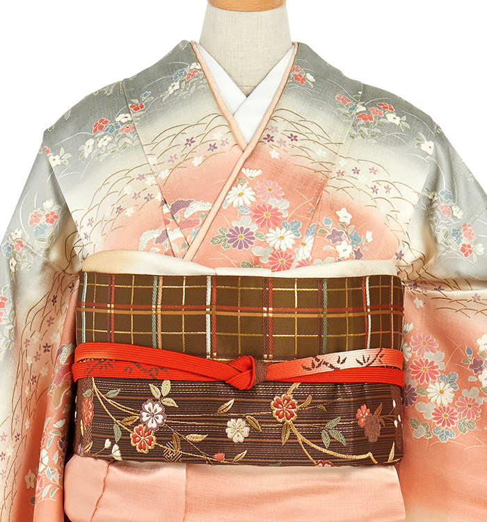 裄長】訪問着 袷 しだれ桜に扇 観世水文織出し 絞り 金彩 刺繍