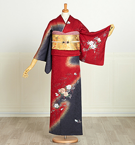 訪問着 赤 ピンク 雲模様 花柄 訪問着 【No.Z-212】赤・金・黒、牡丹の花 | 東京・銀座で着物