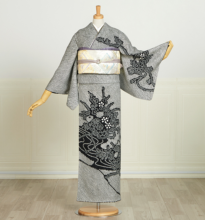 訪問着 着物セット 刺繍 銀通し 袋帯 絞り 灰色 グレー 訪問着・付け下げ | 着物 夢美月