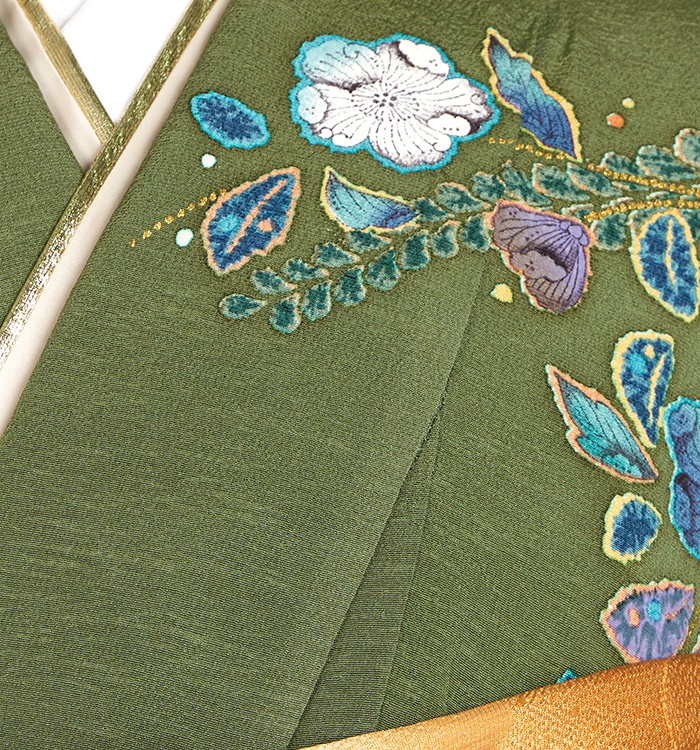 【辻が花】総汕頭刺繍 花車に辻が花文様の訪問着 辻が花とスワトウ刺繍訪問着 − 訪問着｜美はよろこび 着物の丸中