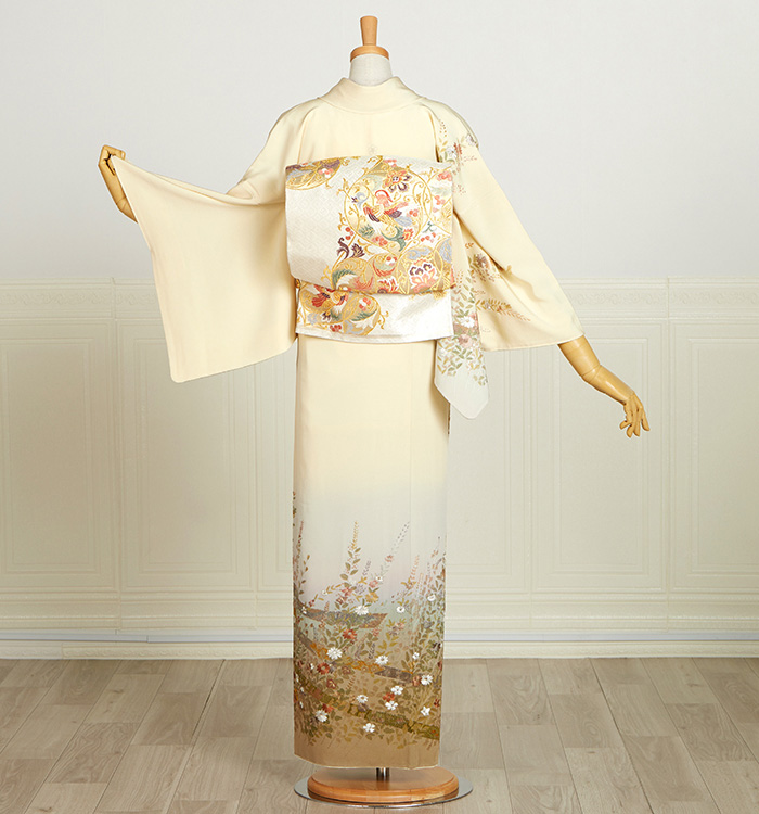 「縁」157ｃｍ～164ｃｍ 紋意匠 刺繍 絞り 訪問着 正絹 Ｂ９４６ 刺繍 一つ紋訪問着 No.AA-5127-Sサイズのレンタル｜きもの365
