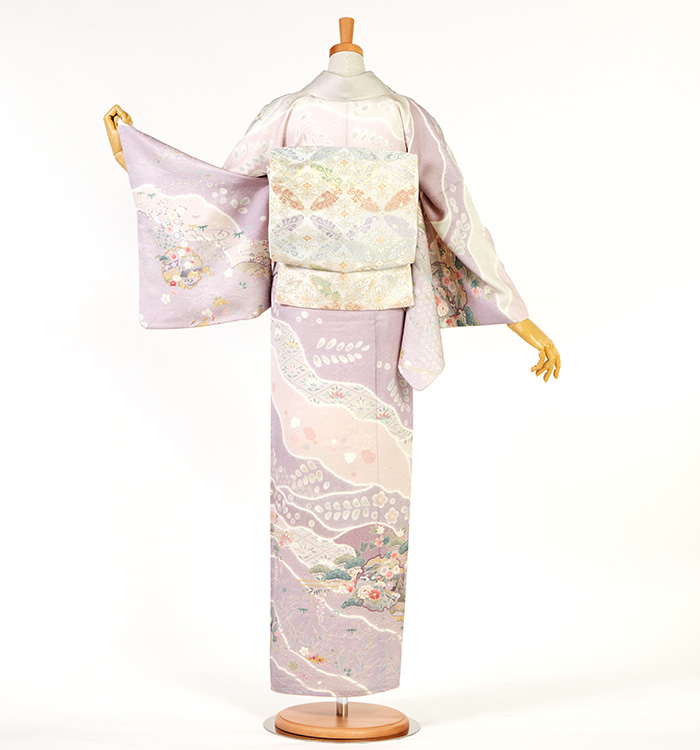 1186上品訪問着 単品 訪問着 お仕立て上がり 単品「薄藤色 霞、籬に菊」正絹着物 礼装 正絹