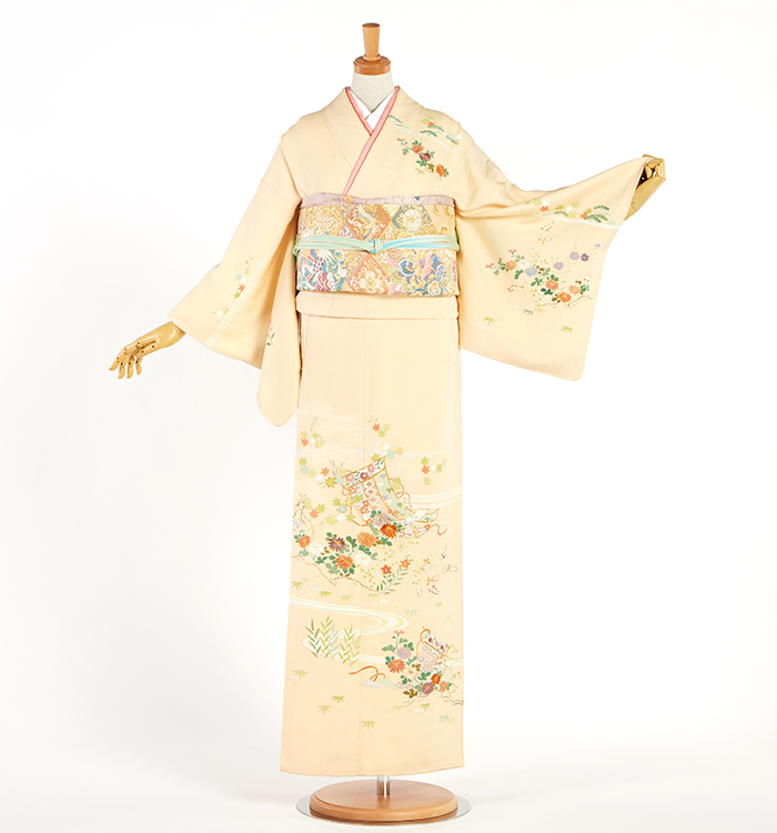 京友禅 刺繍 梅 訪問着 一つ紋 袷 正絹 黄緑 ピンク パステルカラー1417 京友禅 刺繍 梅 訪問着 一つ紋 袷 正絹 黄緑 ピンク パステルカラー