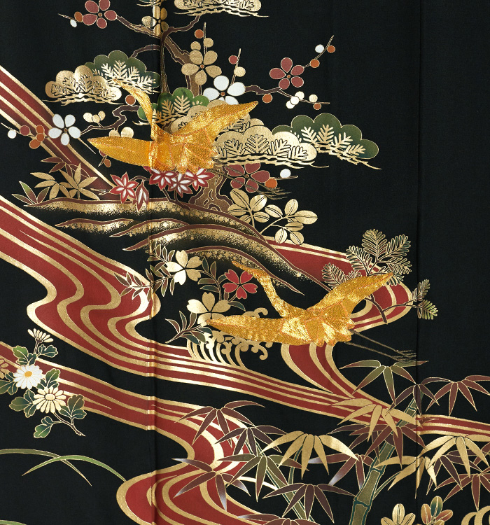 黒留袖 中古） 黒留袖 黒 フォーマル 金彩 刺繍 花鳥 袷 絹 【身丈】150cm【裄