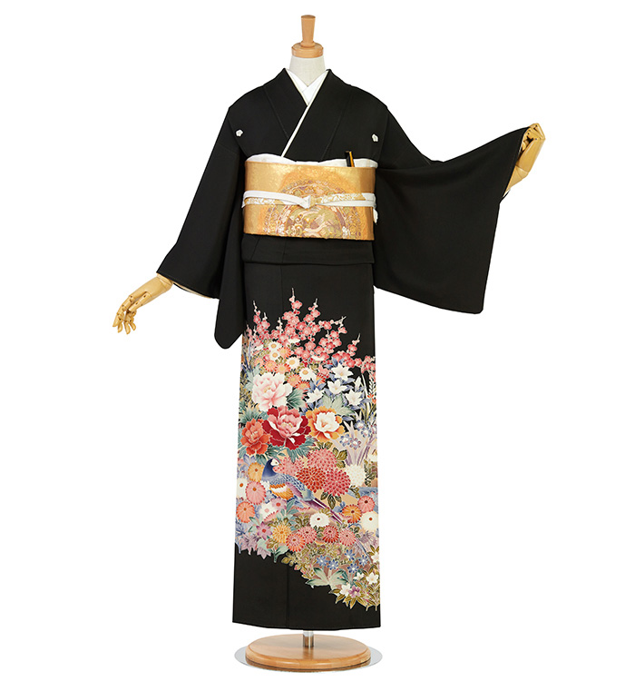 【美品】黒留袖⑤金彩友禅　正絹　身丈165裄68.5＋となみ帯のセット 美品】黒留袖⑤金彩友禅 正絹 身丈165裄68.5＋となみ帯のセット