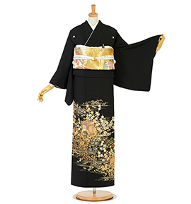 MK-1392 黒留袖 友禅 地紙に鳥や花模様 黒色 金彩 トールサイズ 金彩の留袖で人気・おすすめ商品｜着物レンタル・通販【きもの