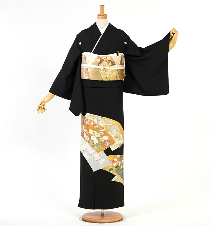 【美品】黒留袖⑤金彩友禅　正絹　身丈165裄68.5＋となみ帯のセット b2301001】【レンタル】黒留袖 フルセット Mサイズ 正絹【5泊6日