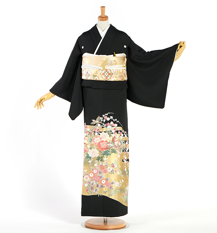 linen 気品溢れる大人black ❤️着物お出かけバンブーbag 豪華刺繍 華紋に鳳凰(総刺繍 留袖【1034 全国往復送料無料】フルセットレンタル 着物・浴衣