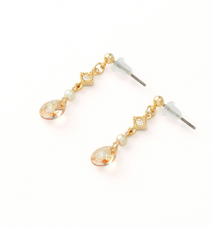 【高級感たっぷり】パールとクリスタルのゴールドピアス クリスタルガラスひし型パール ピアス ゴールデンシャドー No.5XJ-0103