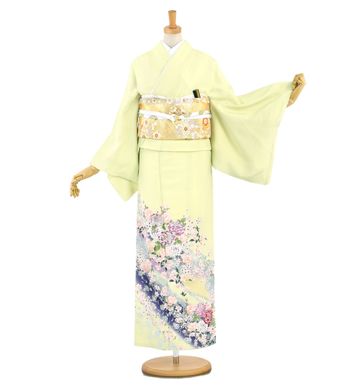 正絹クリーム色着物とイエロー系薔薇の花作り帯セット 墨色地に金の薔薇の振袖／標準サイズ | 宅配着物レンタルの京都かしきもの