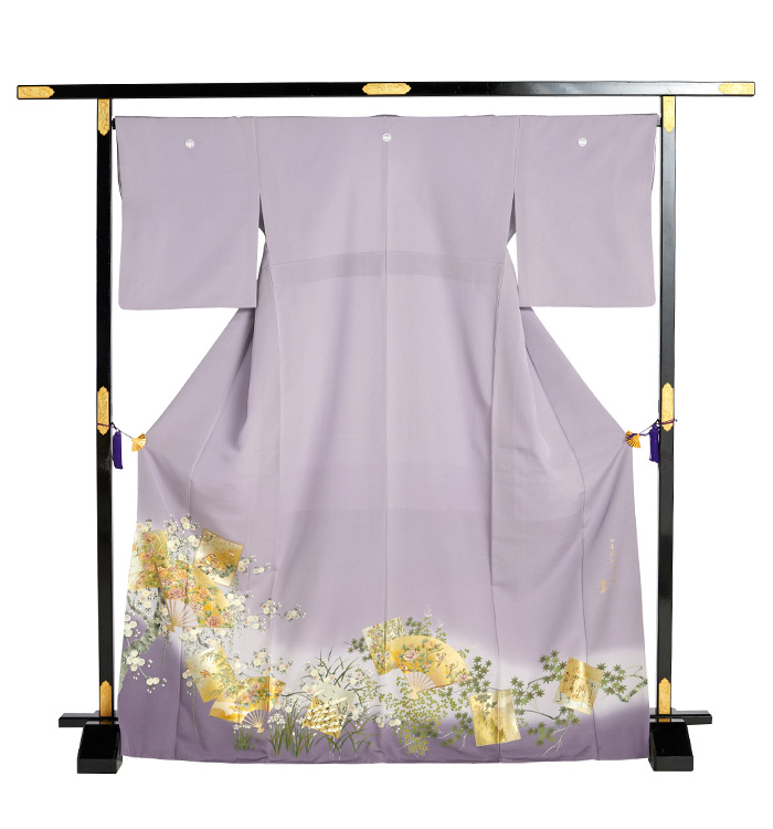 躾糸付未使用　160cm　Lサイズ　縫取　鴛鴦　紫　正絹色留袖　一つ紋　b220 色留袖 No.DA-1232-Mサイズのレンタル｜きもの365