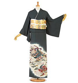 4点セット【色留袖＋袋帯】正絹　色留袖　松梅菊鶴堤にか金箔　比翼無し　一つ紋 DA-1414-torusoA3.jpg